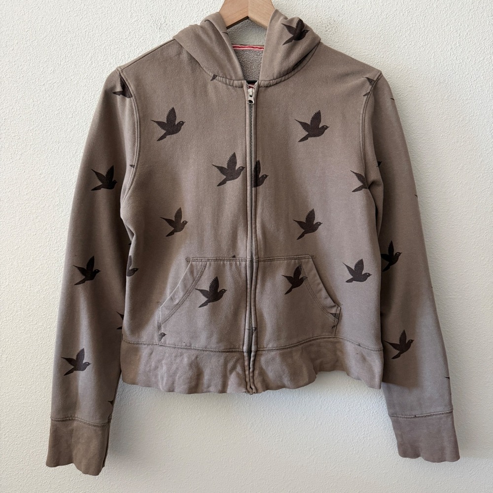AERIE Womens Hoodie Bird Print Zip Up Gorpcore Indie Novelty Coastal Size XL